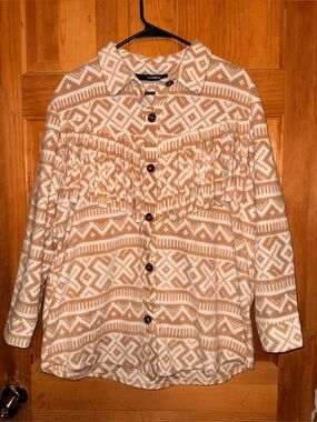 Fringe Button-Front Aztec Shacket - Cream and Tan